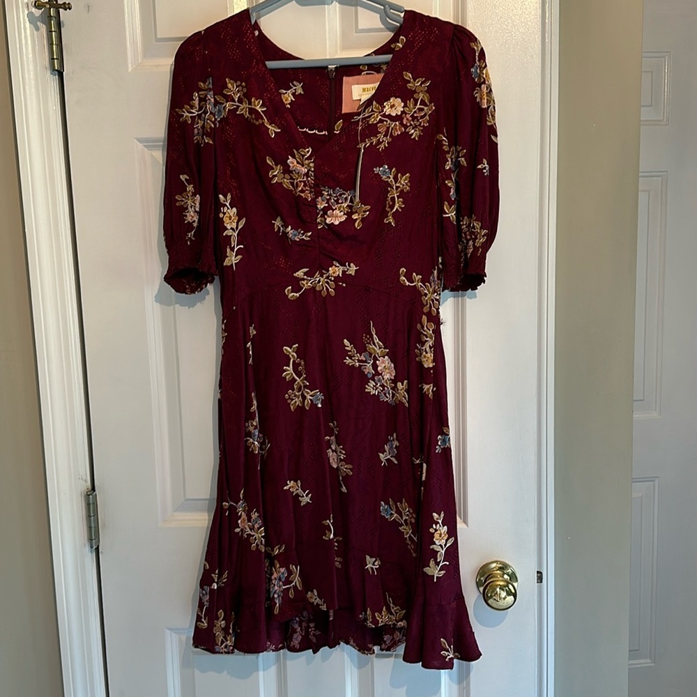 Maeve from Anthropologie floral maroon dress